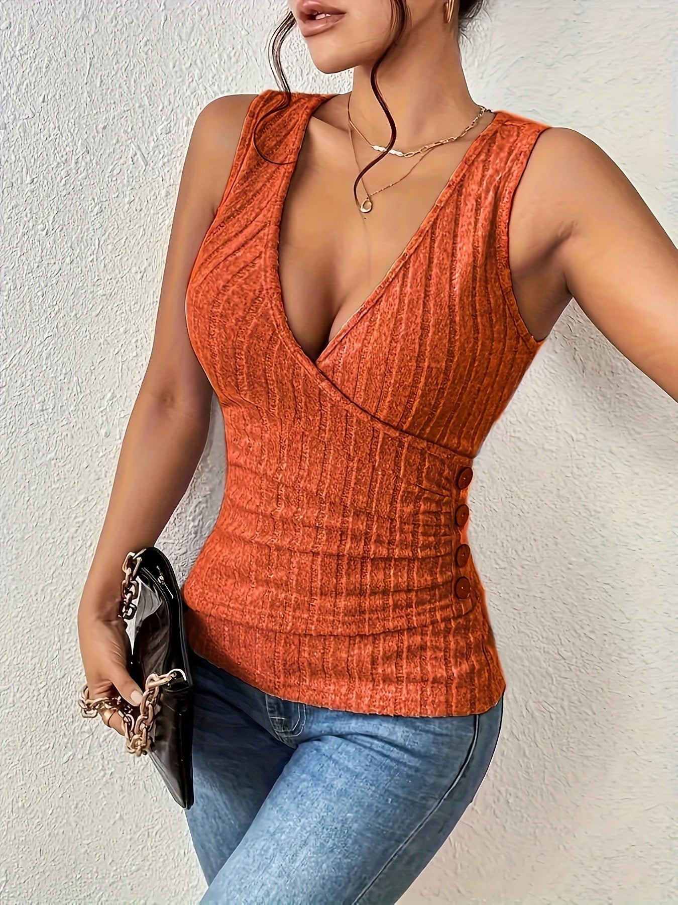 Women's Ribbed Button Decor Casual Tank Top