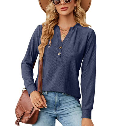 Women's Solid Color, V-neck Button Jacquard Top