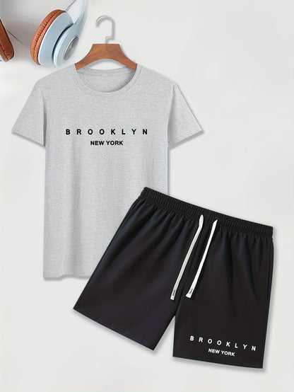 "BROOKLYN" 2pc Set, Men's Short Sleeve T-shirt & Drawstring Casual Shorts