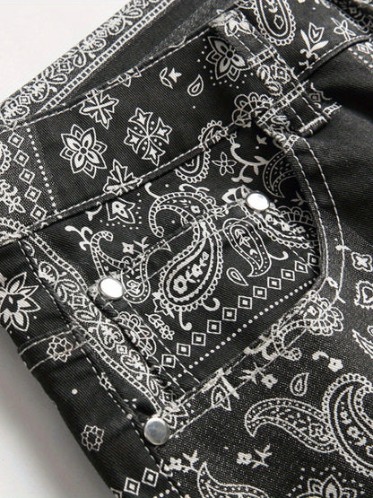 Men's Slim Fit Jeans - Paisley & Floral Pattern Denim Pants