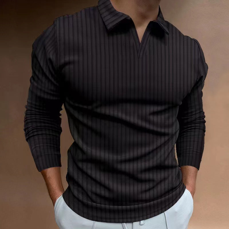 Men's V-neck Striped Long Sleeved Polo Shirt