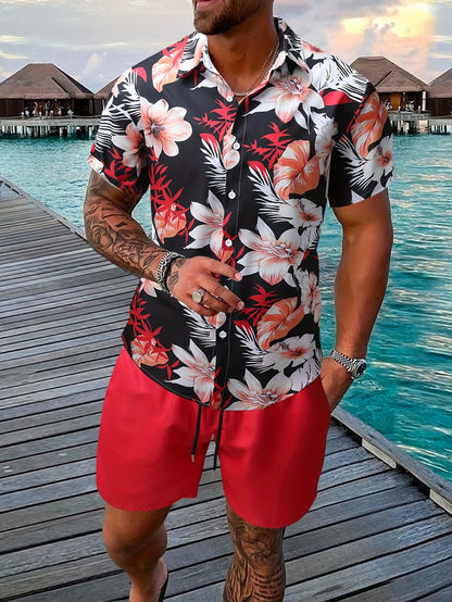 Men's Casual, Hawaiian Fashion Floral Print Set - 2pcs