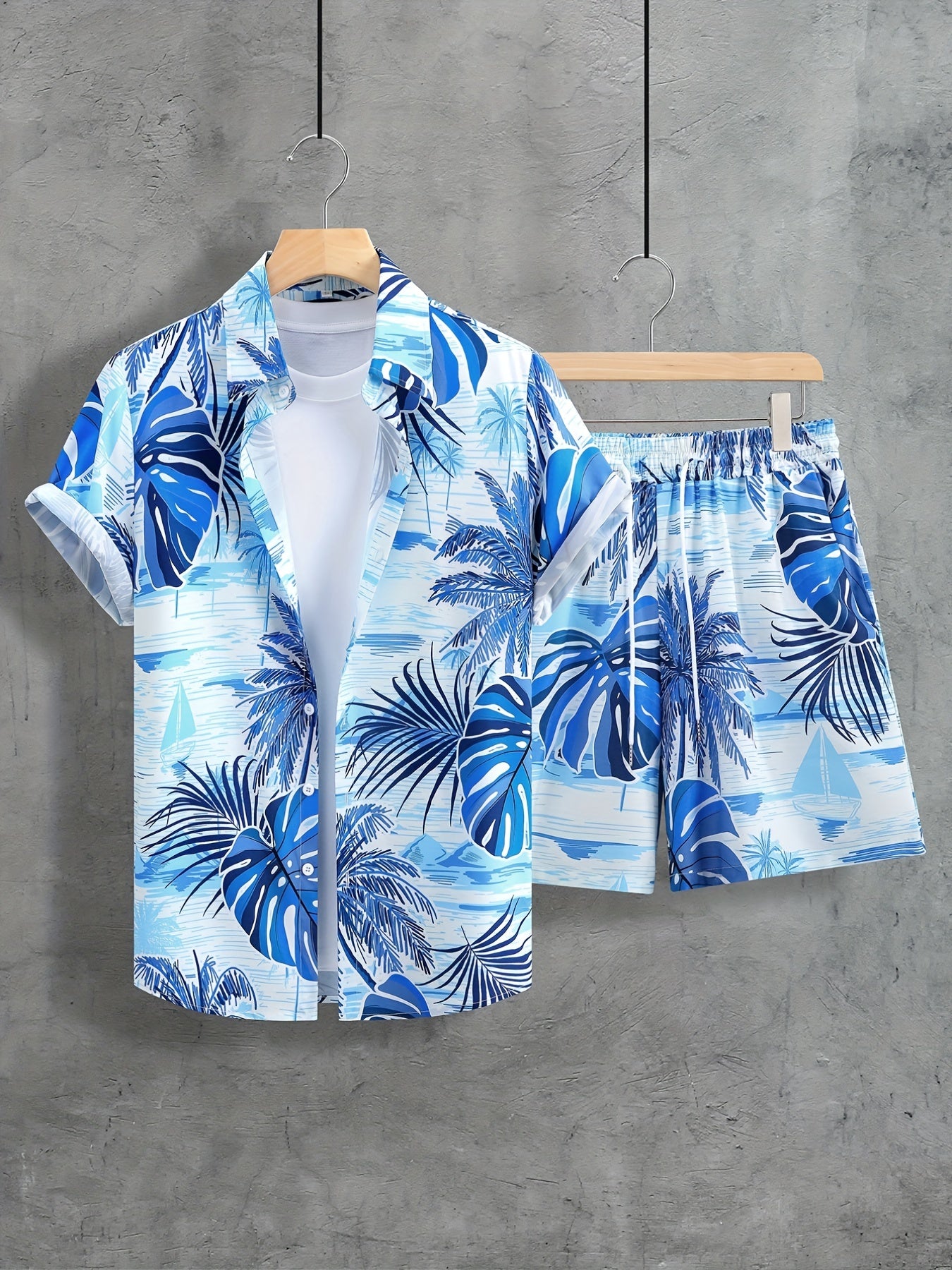 Men's Beach Print Short Sleeve Button Up Shirt and Drawstring Shorts Set