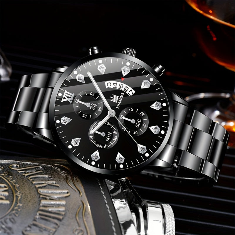 Men's Fashion Quartz Watch & Stainless-Steel Bracelet Set