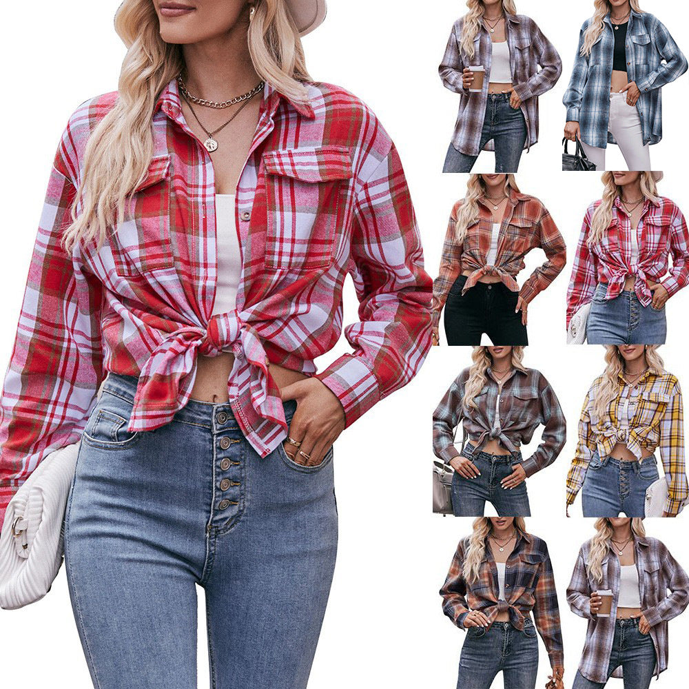 Women's Casual Fashion Loose Plaid Button-Down, Flannel