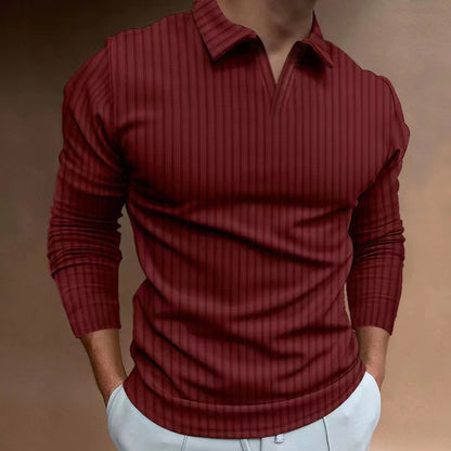 Men's V-neck Striped Long Sleeved Polo Shirt