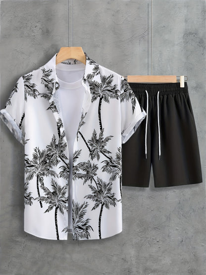 Men's Coconut Tree Print Outfit - Button Up Short Sleeve Shirt & Drawstring Shorts Set