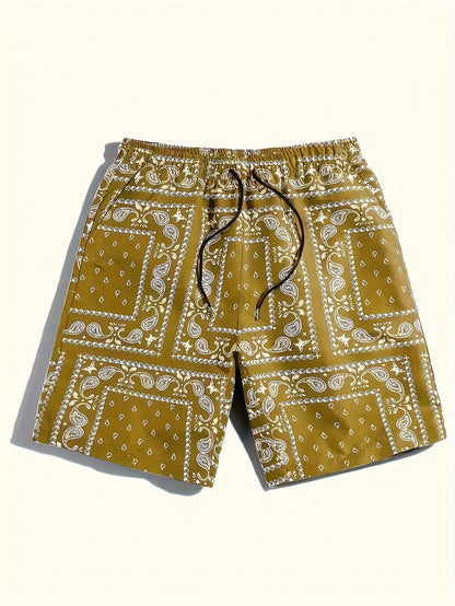 Men's Paisley Pattern Drawstring Beach Shorts - Lightweight