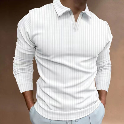 Men's V-neck Striped Long Sleeved Polo Shirt