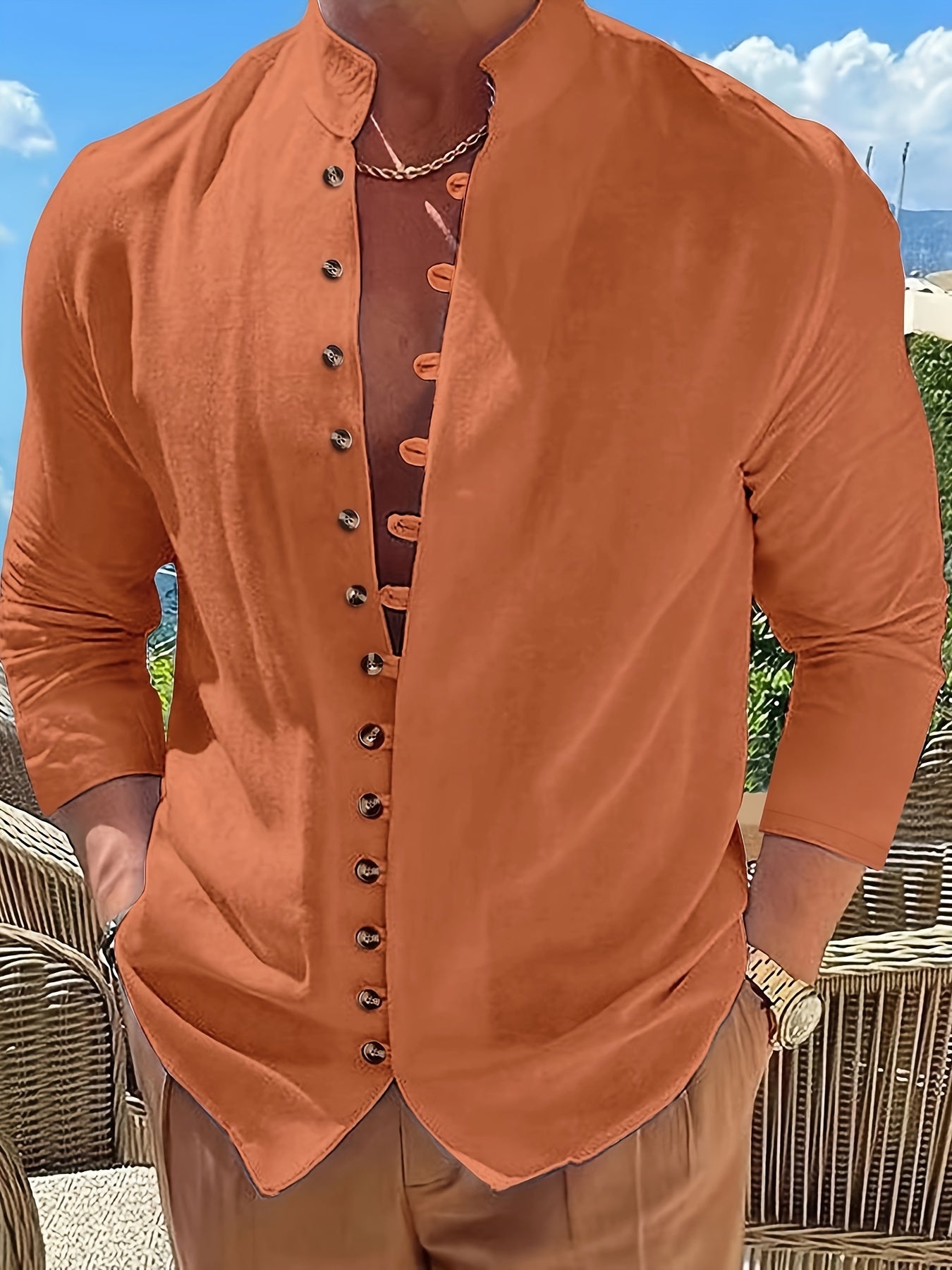 Men's Mediterranean Style Solid Long Sleeve Top