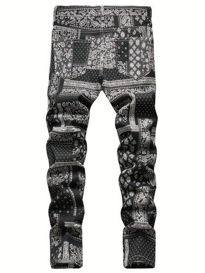 Men's Slim Fit Jeans - Paisley & Floral Pattern Denim Pants