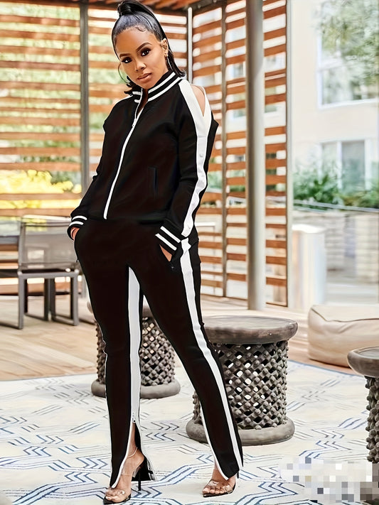 "Sporty Set" Long Sleeve Crew Neck Jacket & Versatile Pants Sports Suit