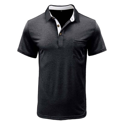 Men's Casual 3-Button Classic Polo Shirt with Pocket (Black)