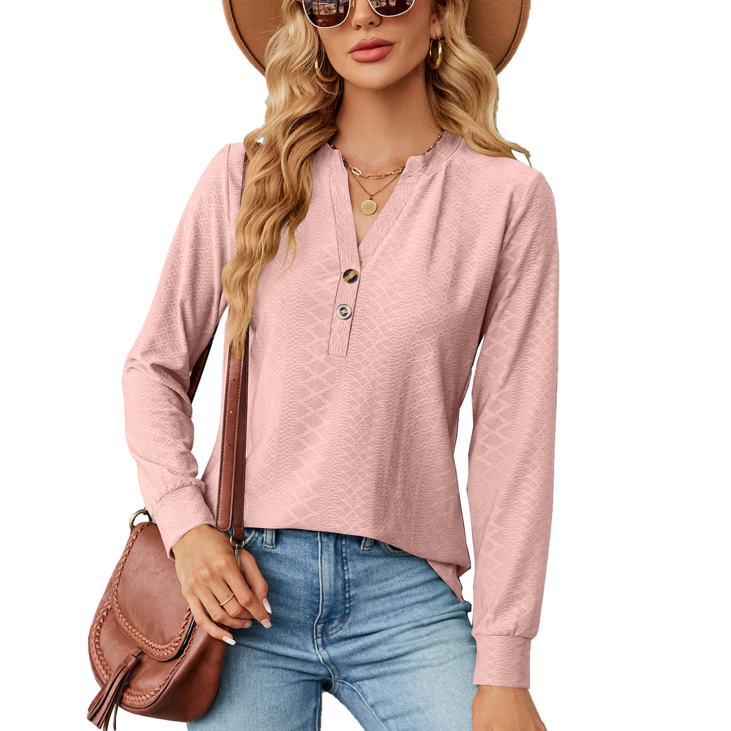 Women's Solid Color, V-neck Button Jacquard Top