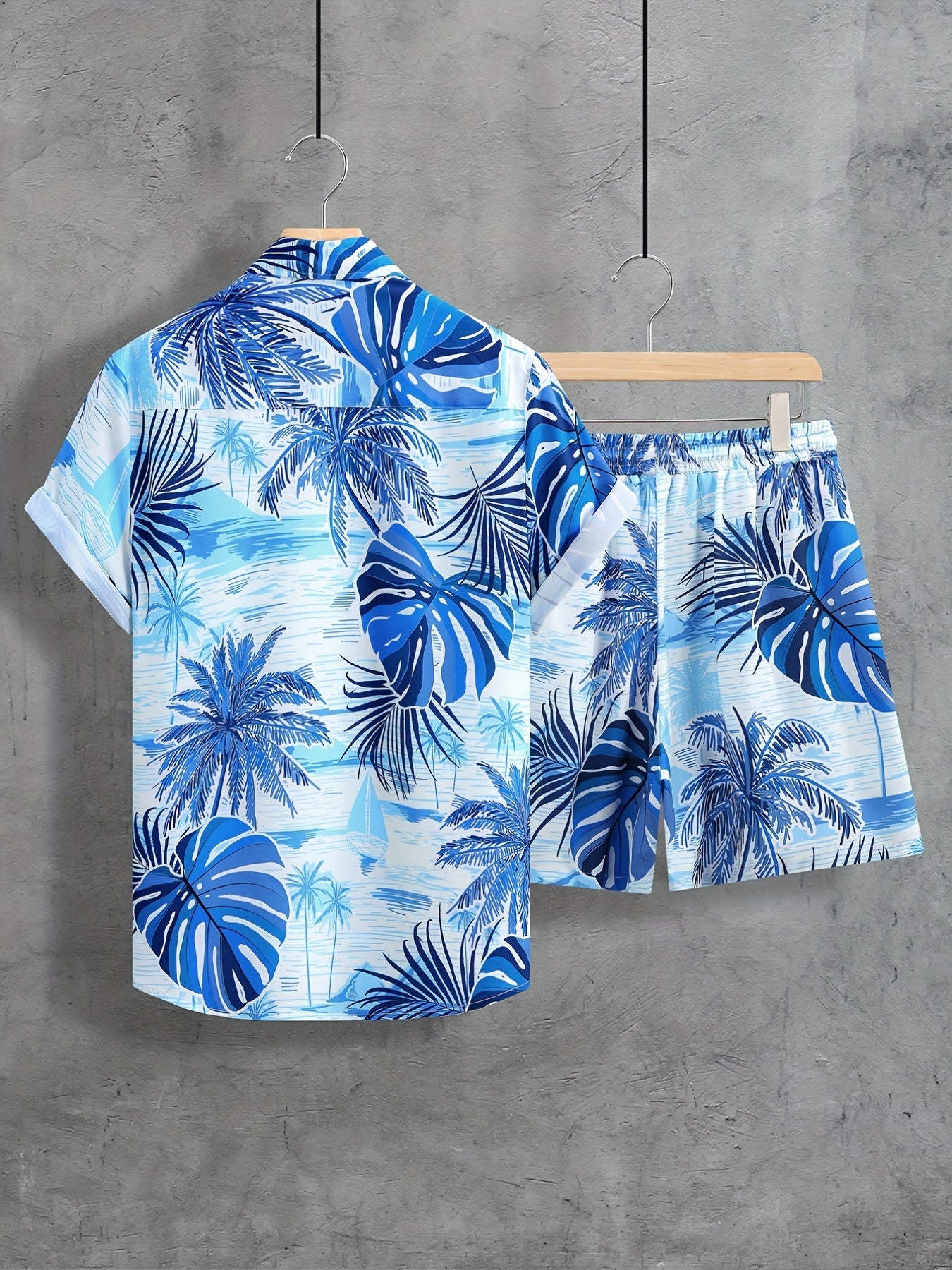 Men's Beach Print Short Sleeve Button Up Shirt and Drawstring Shorts Set