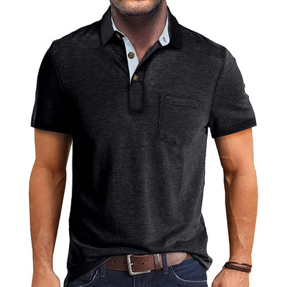 Men's Casual 3-Button Classic Polo Shirt with Pocket (Black)