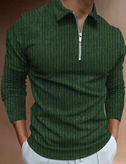 POLO Shirt Zipper Stripe Long Sleeve Men's T-shirt Top