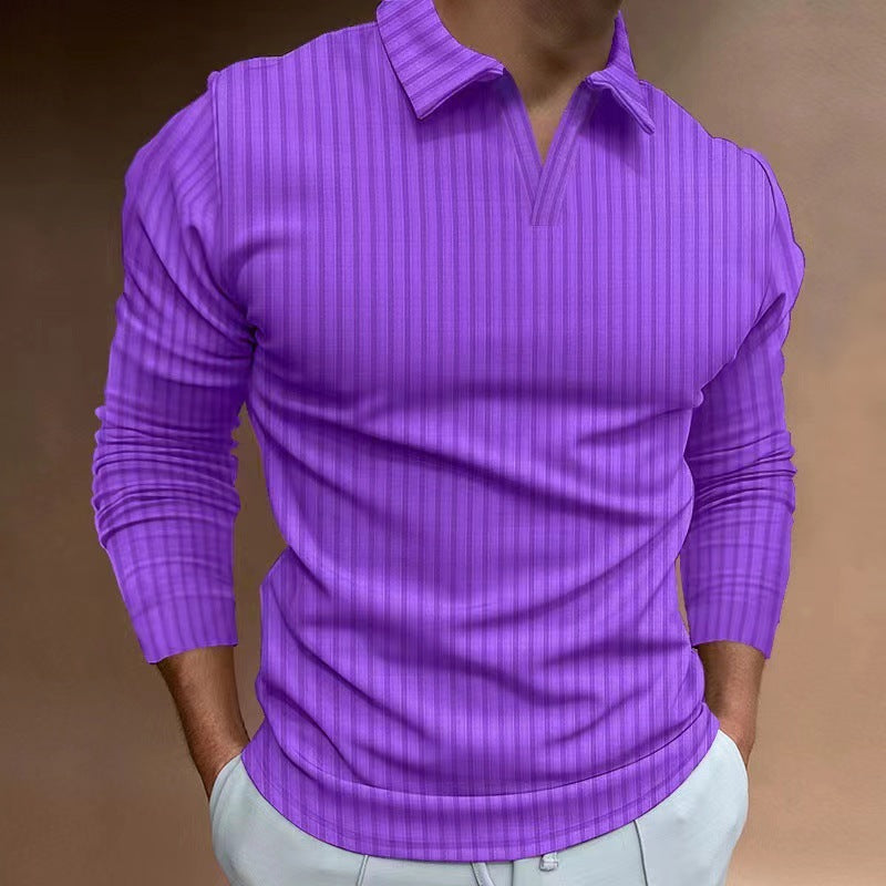 Men's V-neck Striped Long Sleeved Polo Shirt