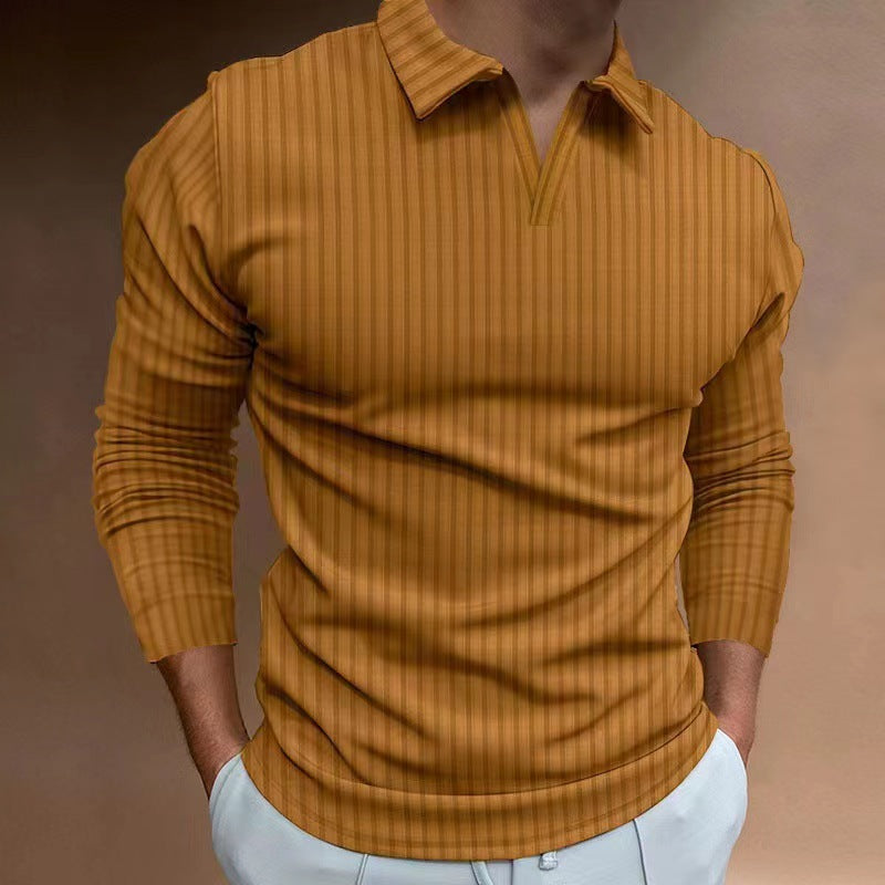 Men's V-neck Striped Long Sleeved Polo Shirt