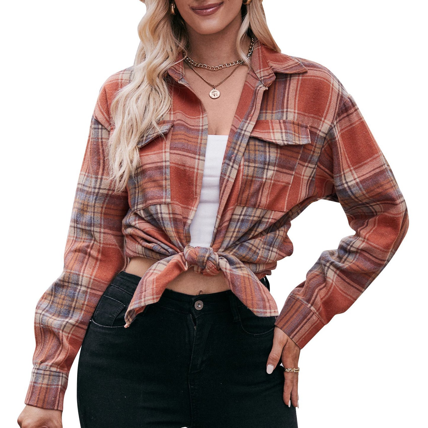 Women's Casual Fashion Loose Plaid Button-Down, Flannel