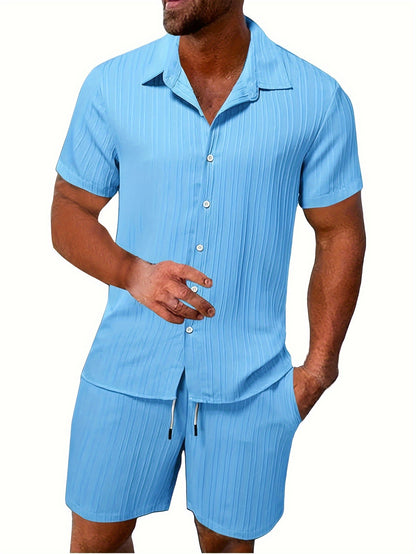 Men's Breathable Pleated Striped Set - Striped Shirt and Drawstring Shorts