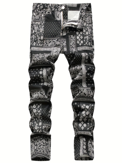 Men's Slim Fit Jeans - Paisley & Floral Pattern Denim Pants