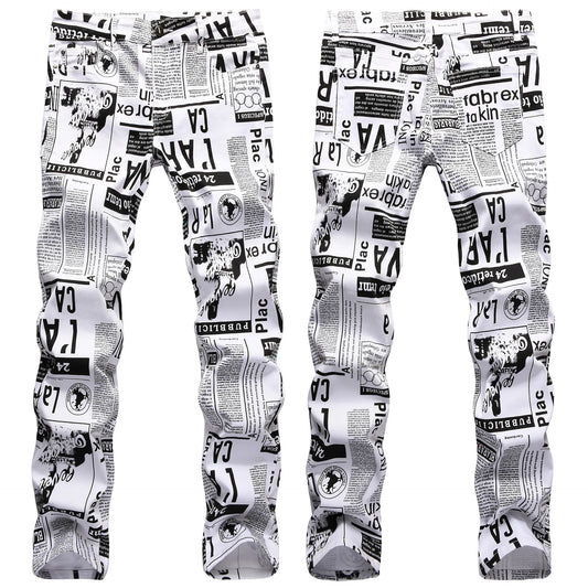 Men’s Newspaper Print Fashion Jeans, Slim-Fit Stretch Denim