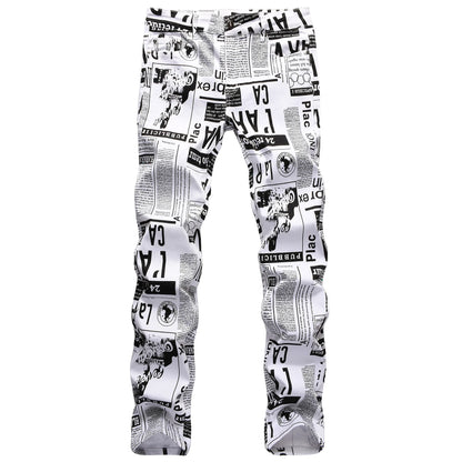 Men’s Newspaper Print Fashion Jeans, Slim-Fit Stretch Denim