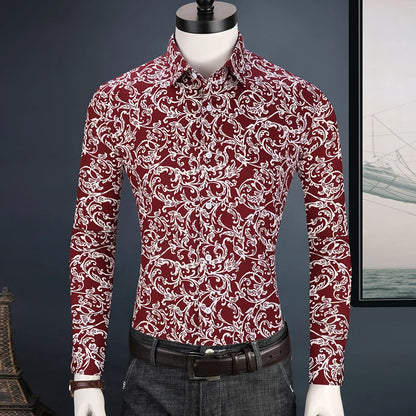 Men's Long Sleeve Floral Print Button-Up Dress Shirt