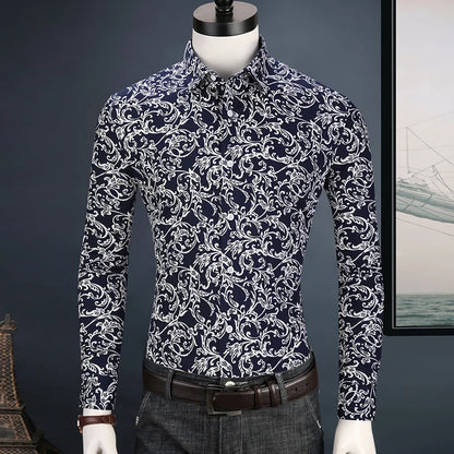 Men's Long Sleeve Floral Print Button-Up Dress Shirt