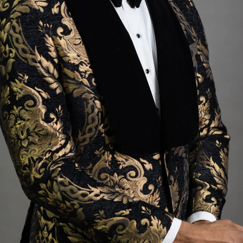 Floral Jacquard Blazer - Slim Fit with Velvet Shawl Lapel