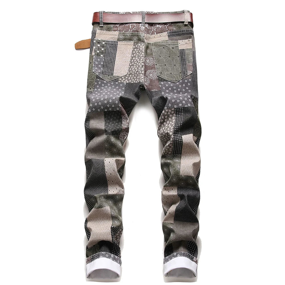 Men's Patchwork Printed Fashion Jeans - Slim Straight Stretch Denim