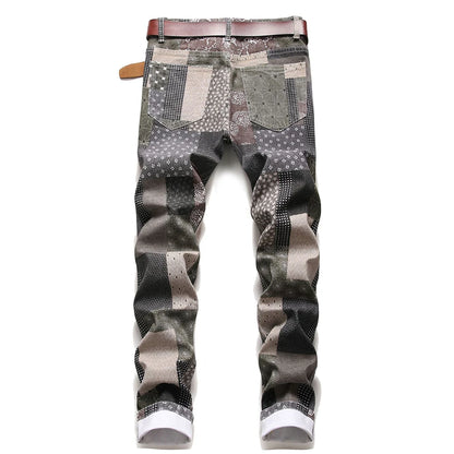 Men's Patchwork Printed Fashion Jeans - Slim Straight Stretch Denim