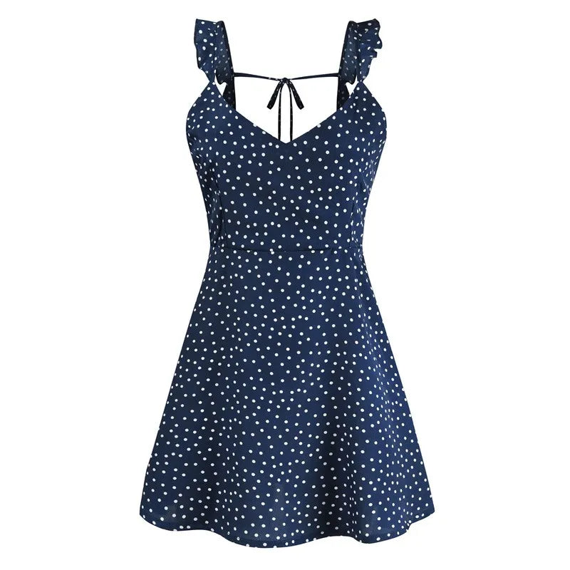 Women's Dot Print Mini Dress - Back Lacing Straps