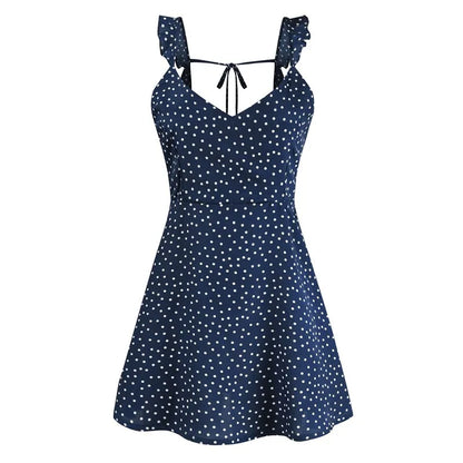 Women's Dot Print Mini Dress - Back Lacing Straps