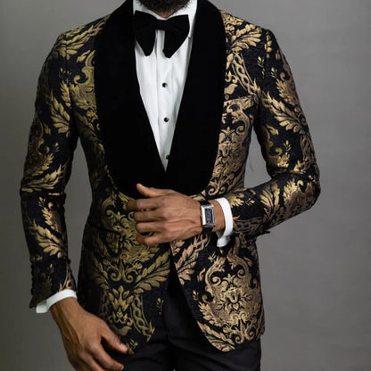 Floral Jacquard Blazer - Slim Fit with Velvet Shawl Lapel