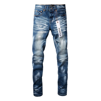 *NEW ARRIVAL* Blue Distressed Paint Design Denim Jeans - Slim Fit