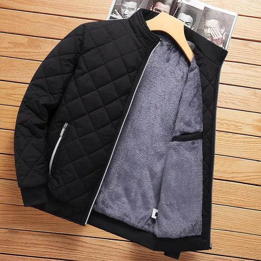 Men's Casual Bomber Jacket, Diamond Pattern Fleece Lined