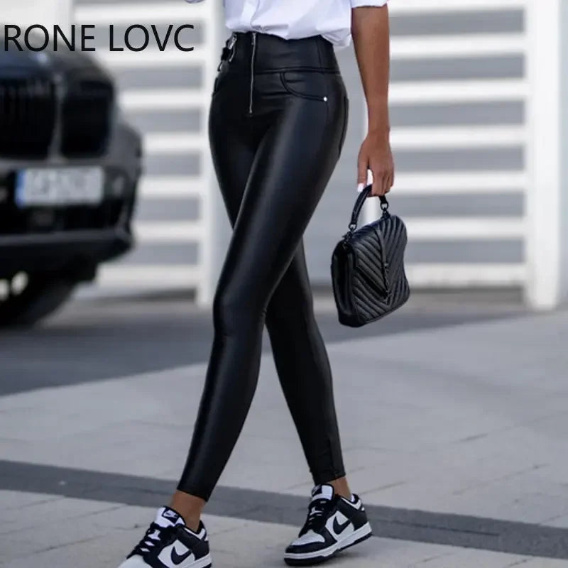 Women's Casual Faux Leather Black Pants