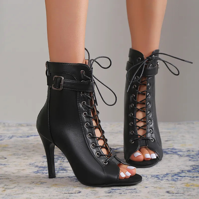 Women's Peep Toe, Faux Leather, Lace-up Heels