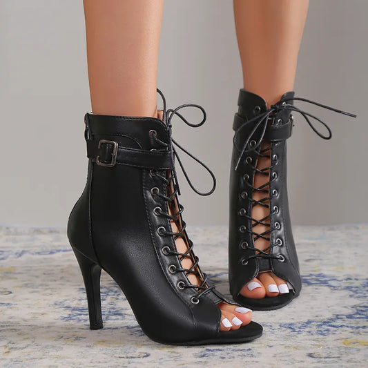 Women's Peep Toe, Faux Leather, Lace-up Heels