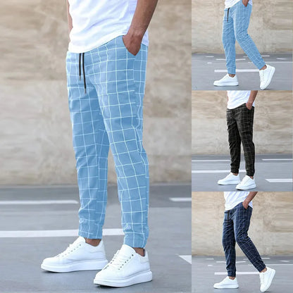 Men's Mid-Waist Slim Fit Sweatpants - Plaid Checkered Side Stripe