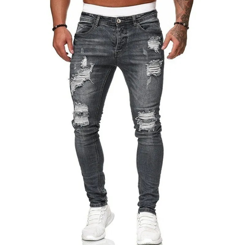 Men's Slim Fit Ripped Skinny Jeans - Vintage Wash Solid Denim