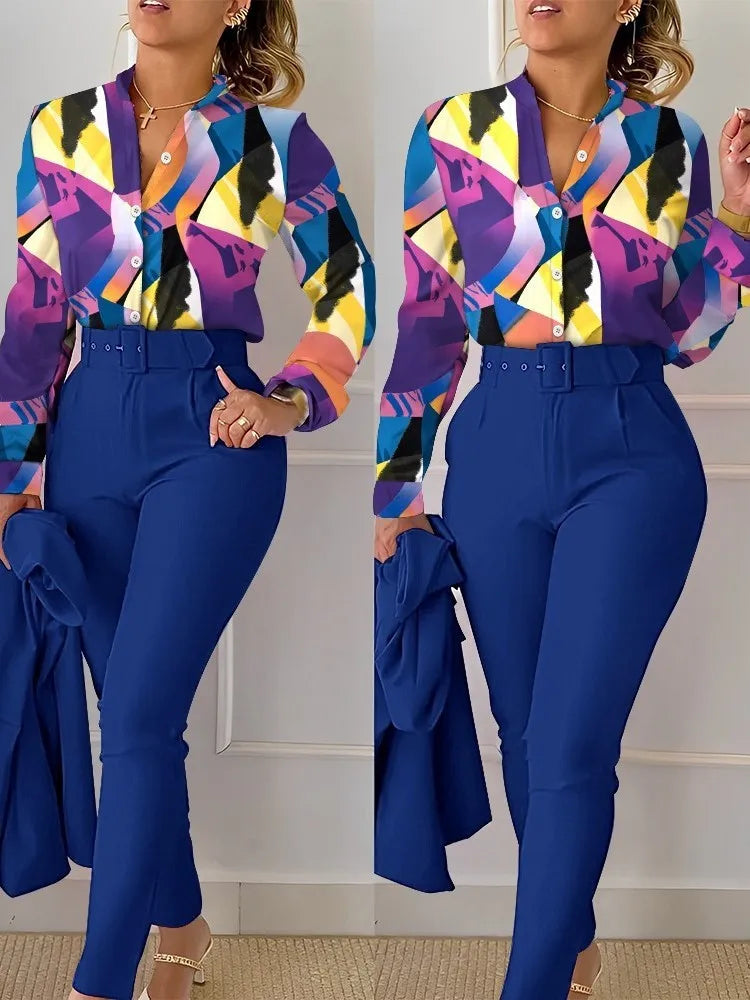 Women's Elegant Long Sleeve & High Waist Pants Suit