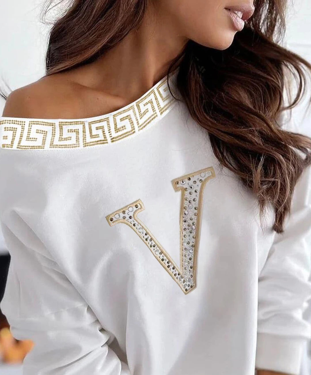 Women's Oblique Collar, Rhinestone Letter Long Sleeve Casual Top