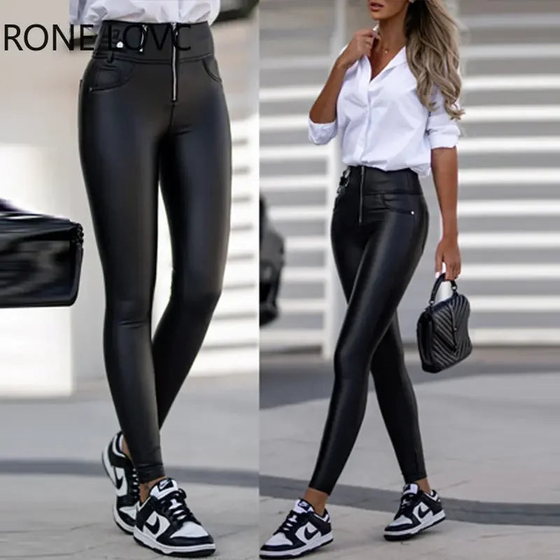 Women's Casual Faux Leather Black Pants