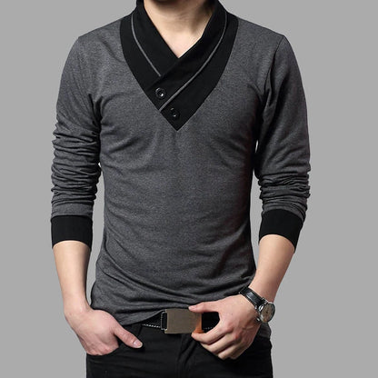 NEW ARRIVAL, Men's Slim Fit Long Sleeve T-Shirt, Patchwork Collar Tee V-Neck