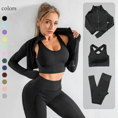 Women's Seamless Yoga Set - Long Sleeve Crop Top + High Waist Leggings