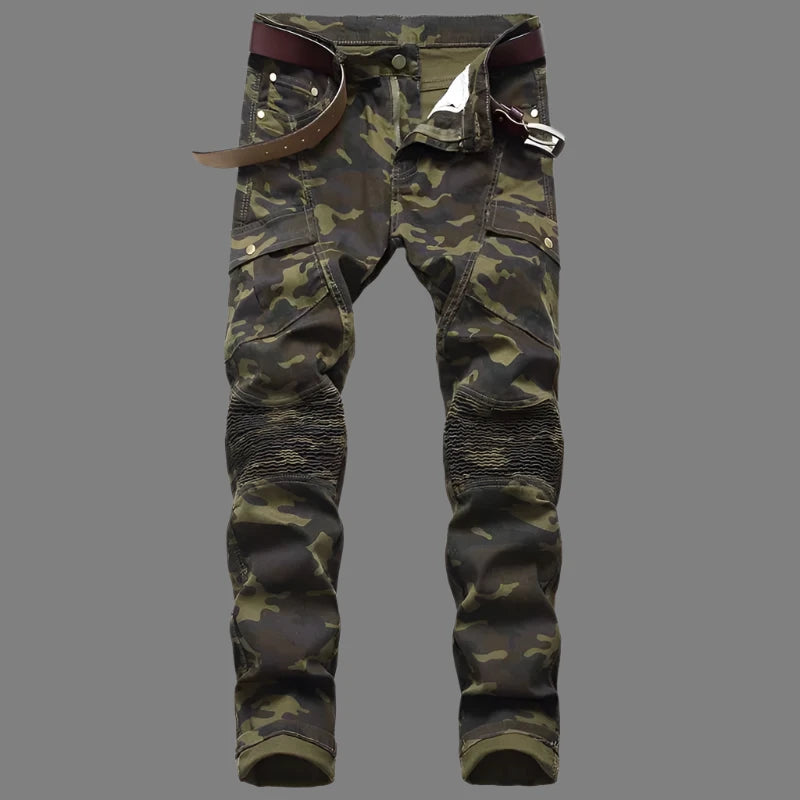 "Straight Army Green" Men's Slim Camouflage Jeans, Cargo Denim Pants