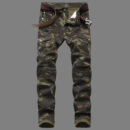 "Straight Army Green" Men's Slim Camouflage Jeans, Cargo Denim Pants